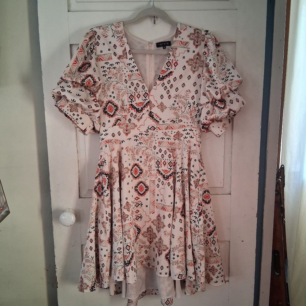 1. State Tiered Puff Sleeve High Low Mini Dress with Geometric and Floral Print